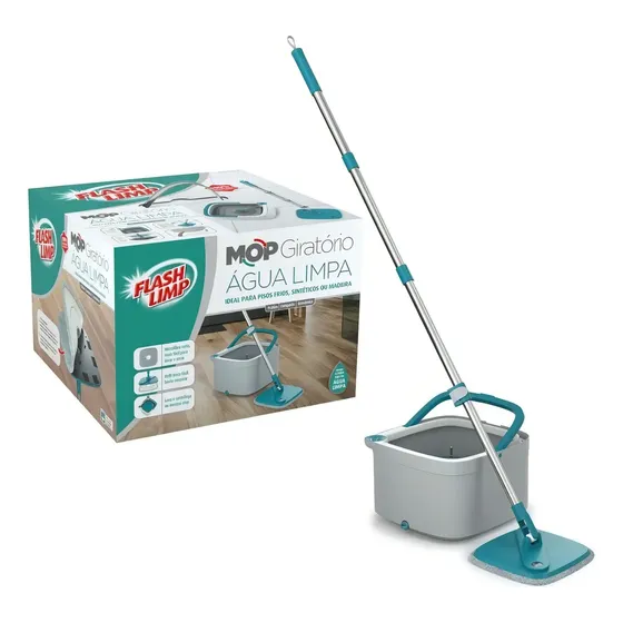 Mop Giratório Flash Limp Cinza e Verde Microfibra Água Limpa Inox
