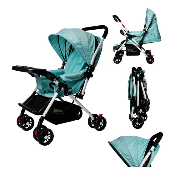 Carriola Reversible Para Bebe KIDDOS 2 En 1 Plegable Cómoda Practica Resistente Mango Antiderrapante Con Bambineto, Descansa Pies, Mosquitero, Mesita Y Freno De Seguridad Color Verde