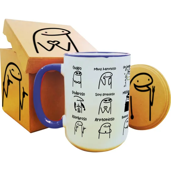 Taza Grande 15 Oz Flork Deformito Caja Y Portatazas Madera Guapo Poderoso Asombroso
