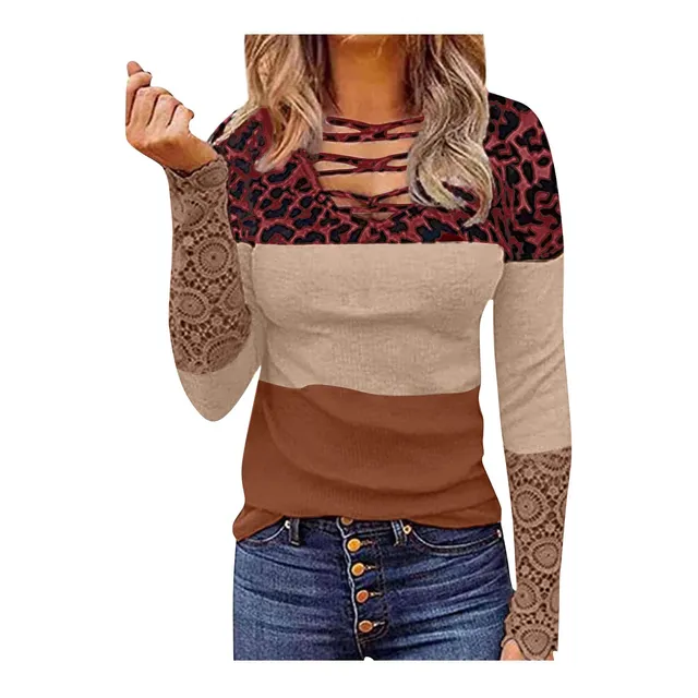 Camiseta Casual Manga Larga Cuello Redondo Cruzado Bloque
