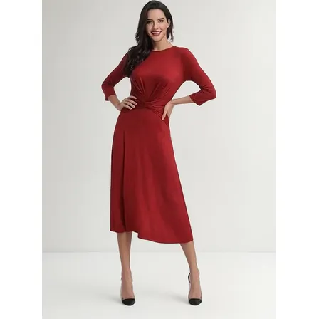 Vestido Midi Evasé Con Cuello Redondo Y Lazo