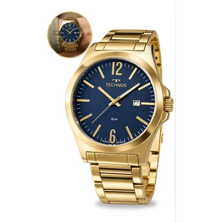 Relógio Technos Masculino Quartz Moderno Em Aço Original Dourado Azul