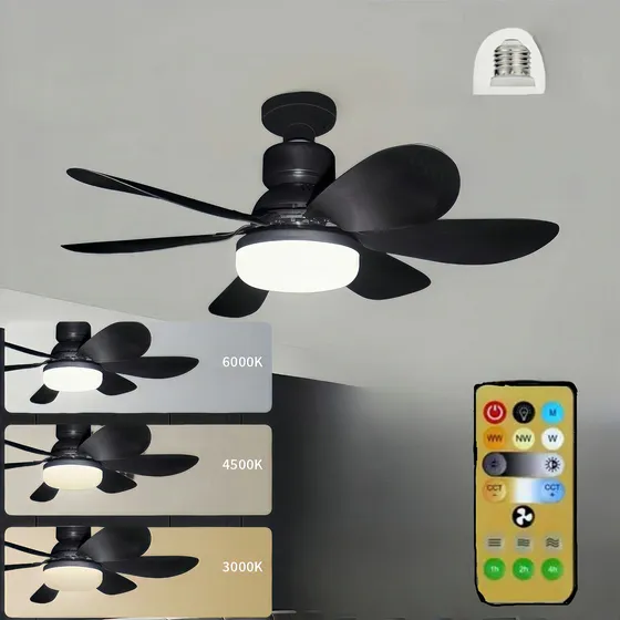 Fofodio Lámpara Ventilador Techo Con Luz Led Control Remoto Focos Ventiladores Techo Cantidad De Aspas 6 Estructura Negro Diámetro 52 Cm Aspas Ventilador Accord Base Para Foco E27