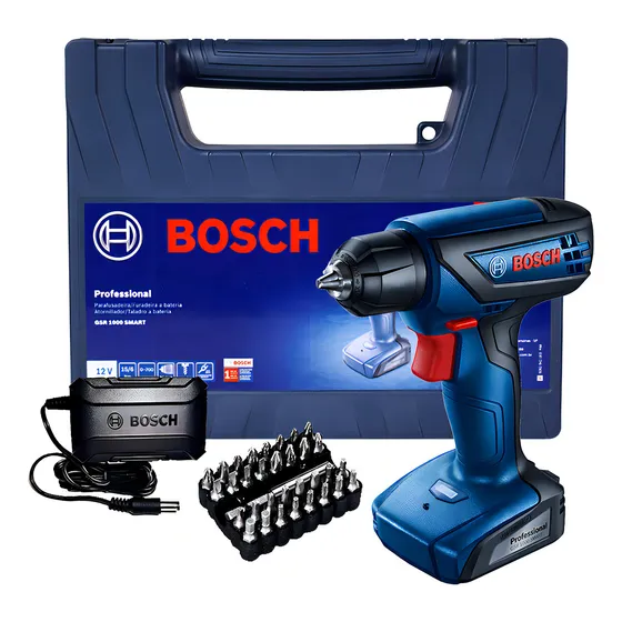 Taladro atornillador inalámbrico de 6mm Bosch GSR 1000 12V + 1 batería de 1.5Ah + accesorio con maletín de transporte 220V