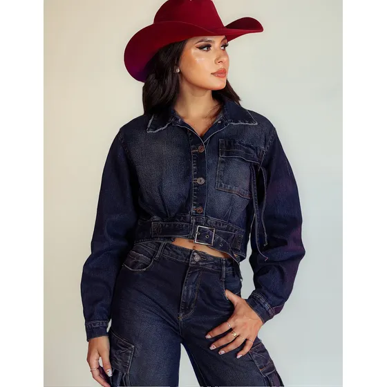 Jaqueta Jeans Feminina Cropped Com Cinto 24611 Escura Ana