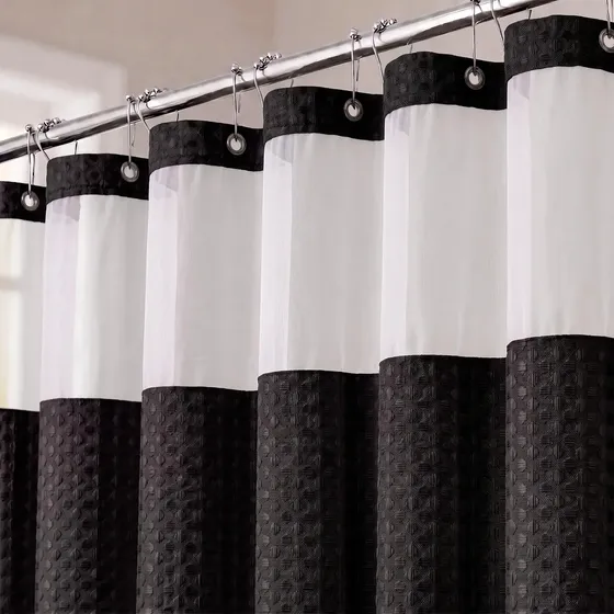 Cortina De Baño Tela Waffle Impermeable 180x180 cm Con Forro Mas 12 Ganchos Acero Resistente Agua Para Ducha Bañera Antihongos Lavable Facil Instalacion Moderna Elegante Color Negro Casa Nerola