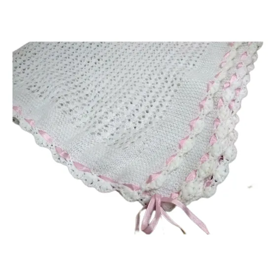 Manta Tejida 2 Agujas Blanca Cinta Rosa 90x80 Perfecta