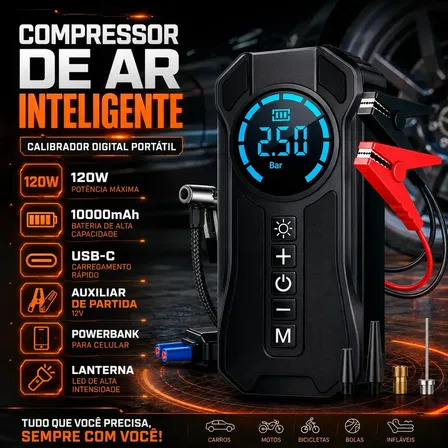 Compressor De Ar Compacto 150 Psi Para Pneus De Portátil Leves Air Pump Auxiliar De Partida Veículos E Powerbank Preto-2 127/220v 60 Hz Monofásica