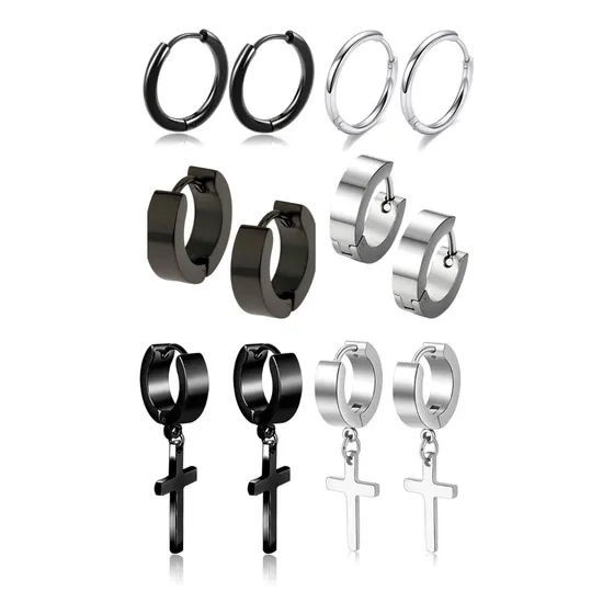 Pack X3 Aritos Aros Hombre Acero Quirúrgico C/ Cruz Cubano
