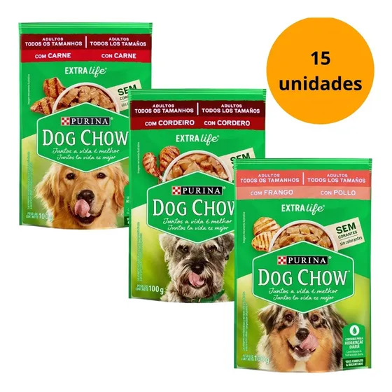 15 Saches Purina Dog Chow Sache Carne Frango Cordeiro 100g