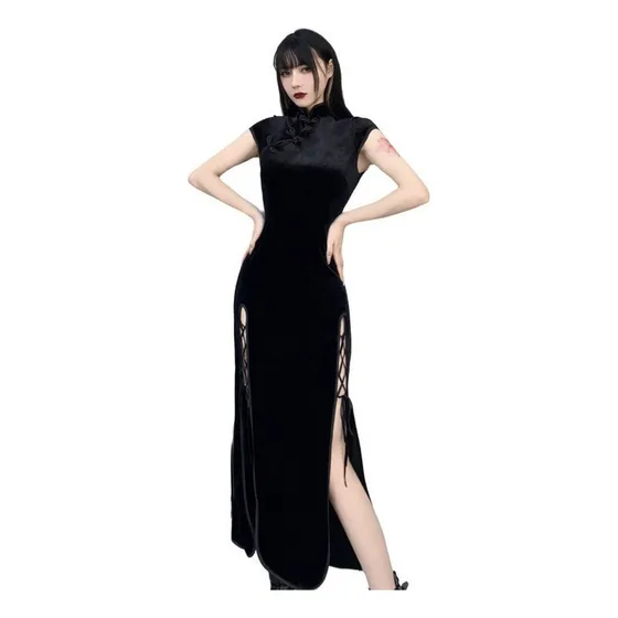 L Vestido Cheongsam De Manga Corta Gótico Oscuro Para