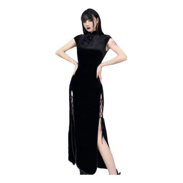 L Vestido Cheongsam De Manga Corta Gótico Oscuro Para