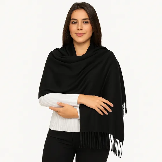 Cachecol Echarpe Pashmina Feminina Preta Com Franja Elegante