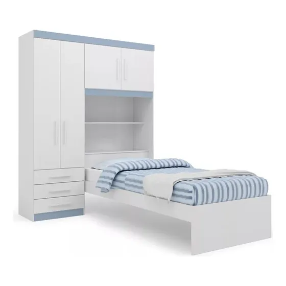 Jogo De Quarto Solteiro Com Guarda Roupa Cama Cabeceira Baú