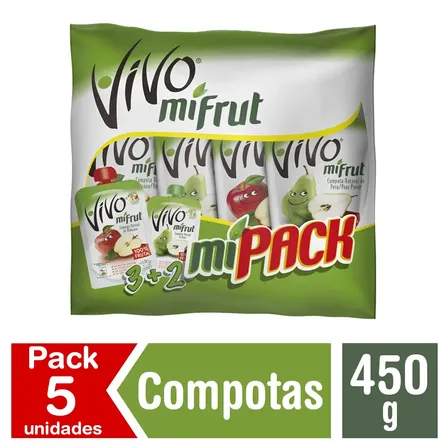 Pack 5 Compotas Mifrut Sabor Manzana Y Pera 90 C/u Vivo