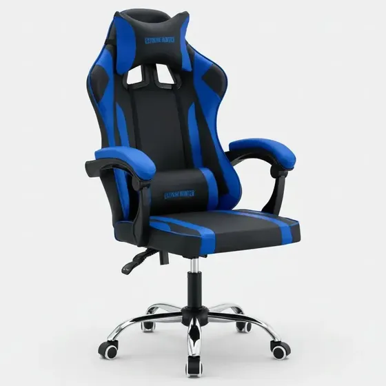 Silla de escritorio Ideon Extreme Hunter Pro gamer ergonómica negra y azul con tapizado de cuero sintético