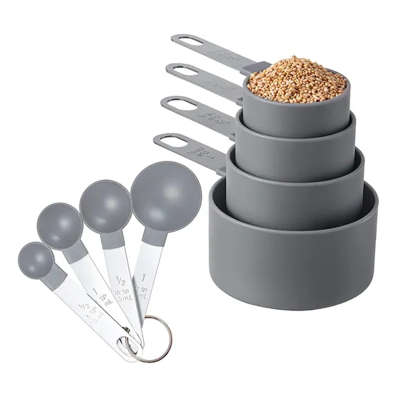 Jogo Kit 8 Peças Medidor Culinário Colher Copo Em Aço Inox Cor Cinza