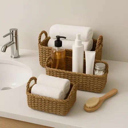 3 Cestos Conjunto Organizador Rústico Em Palha Natural Boho