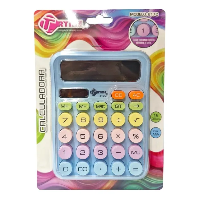 Calculadora Básica Escolar Tryme Colores Pastel 12 Digitos Azul Acero