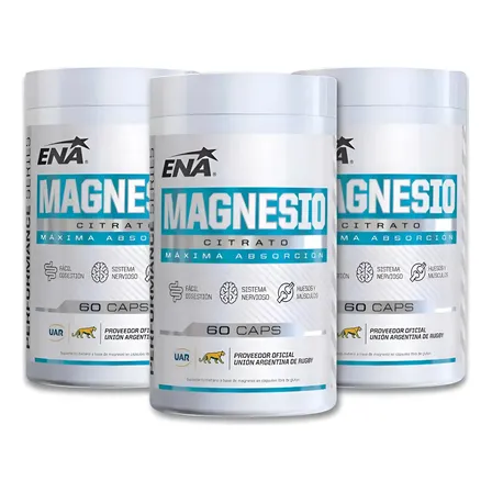 Pack x3 Citrato de Magnesio ENA Sport 60 Cápsulas Sin Sabor - Sueño y Músculos - Total 180 Cápsulas