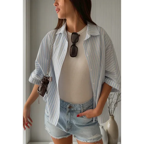 Camisa Mujer Amplia Suelta Manga Corta Poplin Over Rayada