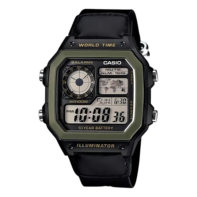 Reloj pulsera digital Casio AE-1200 con correa de tela color negro - bisel verde