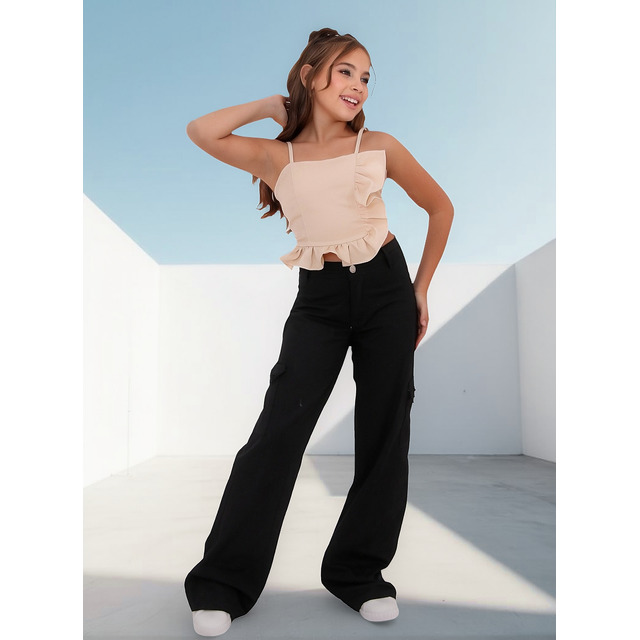 Calças Cargo Sarja Infantil Wide Leg Boca Larga Com Bolso Calças Cargo Sarja Infantil Wide Leg Boca Larga Com Bolso