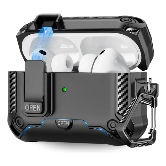 Capa Case Bumper Iwo® Proteçao Militar 360 Anti Impacto Para Apple AirPods Pro 3 Suporta Mag-safe Preto Carbono