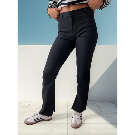 Pantalon Mujer Bengalina Negro Con Tajo Abajo