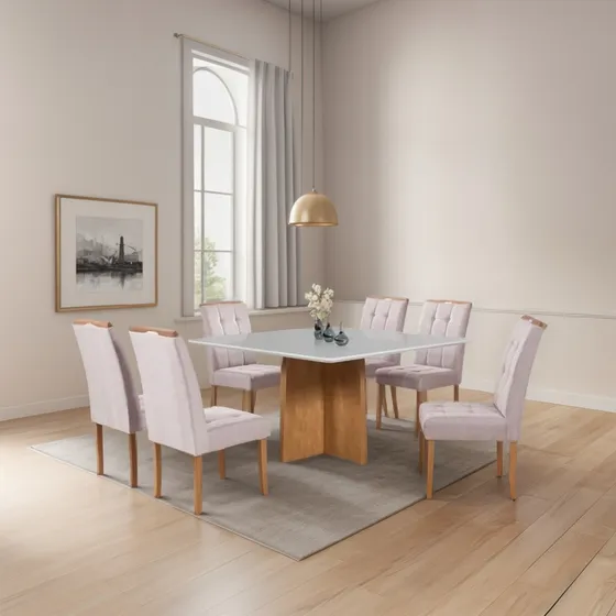 Mesa De Jantar Com Oito Cadeiras 1,50x1,50 - Tampo De Vidro