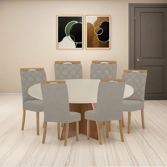 Juego De Comedor Mesa Tapa Circular Madera 6 Sillas Tapizada