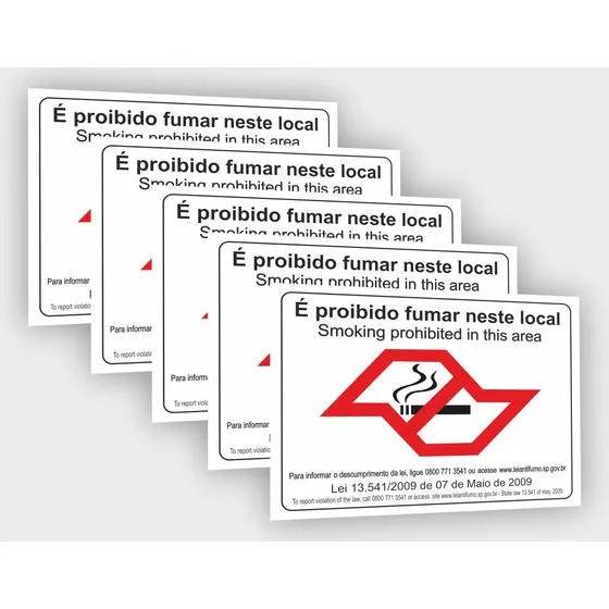 5 Placas De Sinalização 15x20cm Proibido Fumar - Lei Sp