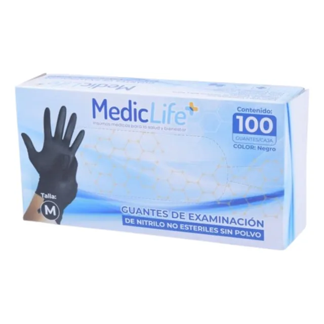 Guantes Negro Mediclife De Nitrilo Examinación Médica M