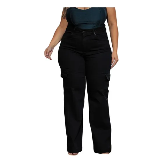 Calca Feminina Wide Leg Cargo Plus Size Cintura Alta Lycra