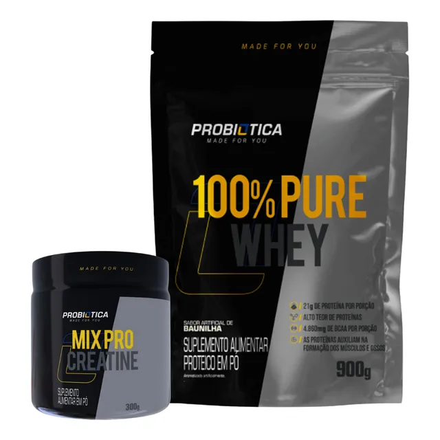 Combo Whey 100% Pure 900g + Creatina Mix Pro Probiótica 300g