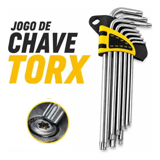 Jogo Chave Torx Estrela Longa Profissional 9 Peças T10 A T50 Com Furo Guia Tipo L Grande