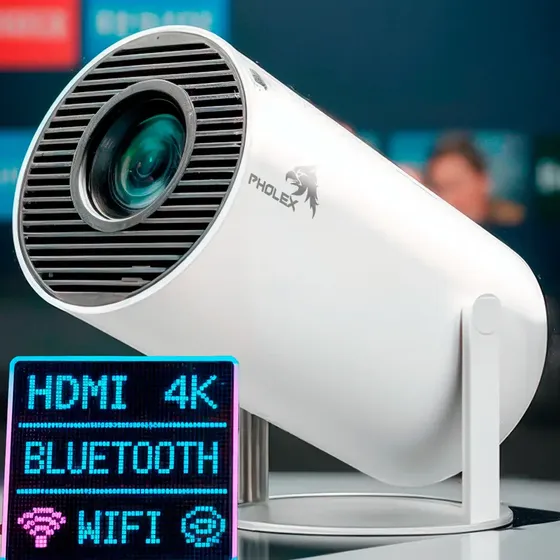 Projetor HY300 Smart Portátil Pholex Full HD 4K Android 11 WiFi Bluetooth Mini Projetor Home Theater Branco Imagem Nítida Alta Luminosidade Som Potente Compatível com Celular TV Box e Notebook
