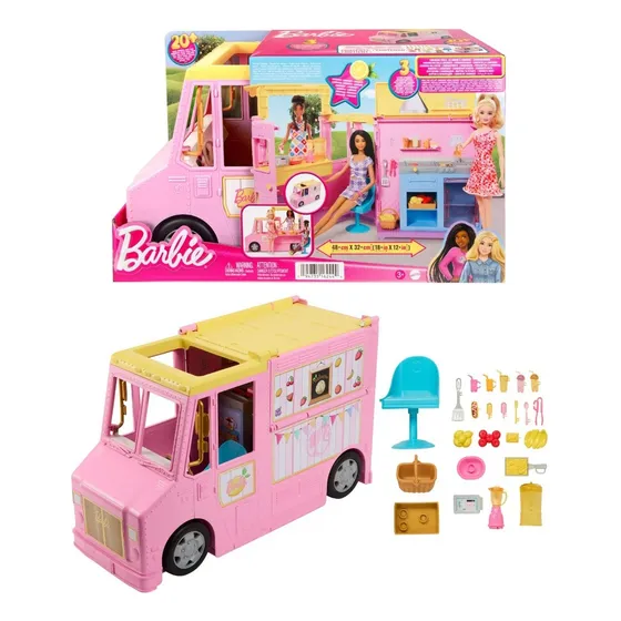 Camión de limonada Barbie Beach, más de 20 piezas, Mattel HPL71, color rosa y amarillo