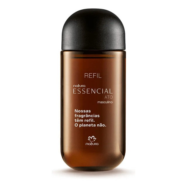Frasco de refil do perfume Natura Essencial Ato Masculino de 100ml em vidro âmbar com tampa preta.