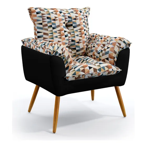 Poltrona Decorativa Almofadada Beta Tecido Sued Cor Triangulo laranja e Preto