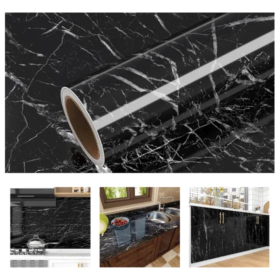 Papel Adesivo Envelopamento Mármore Lavável Móveis Parede Preto 5 Metros Hibo