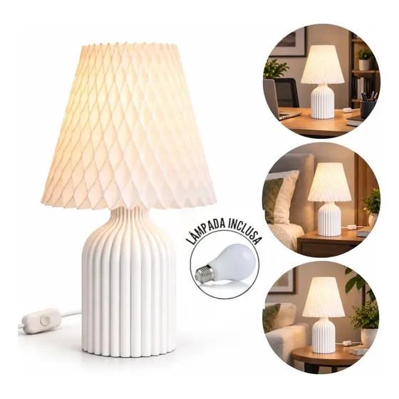 Abajur Luminária De Mesa Sala Quarto Moderno Com Lâmpada Cúpula Natural Estrutura Branco