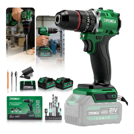 Parafusadeira Furadeira Impacto Brushless 2 Baterias Ryoku Verde 127/220v