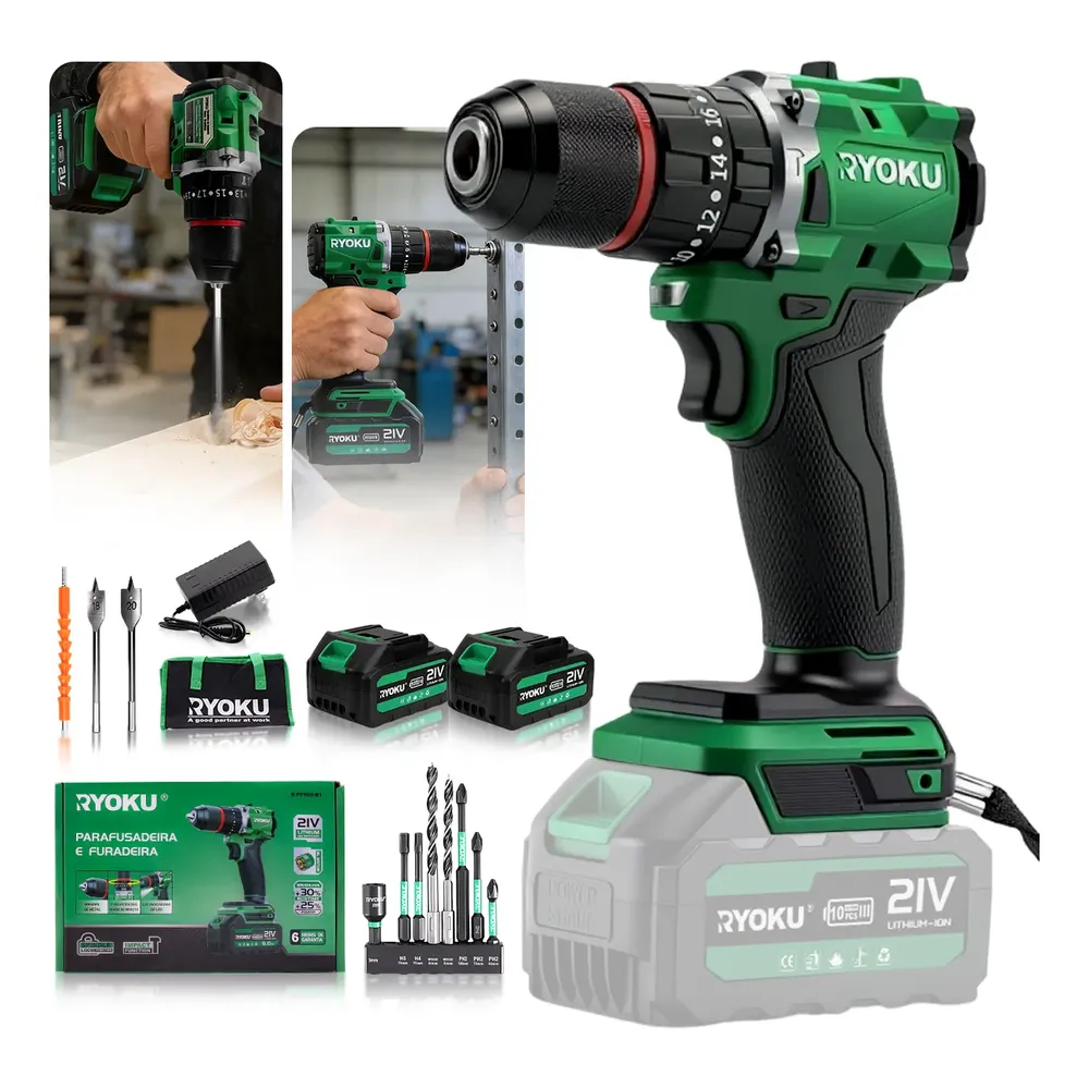 Parafusadeira Furadeira Impacto Brushless 2 Baterias Ryoku Verde 127/220v