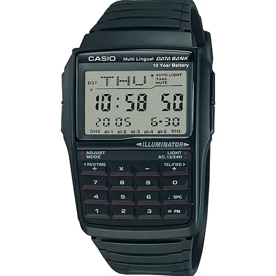 Reloj Casio Retro Vintage Dbc32 Caucho Calculadora Original Correa Negro Bisel Negro Fondo Negro