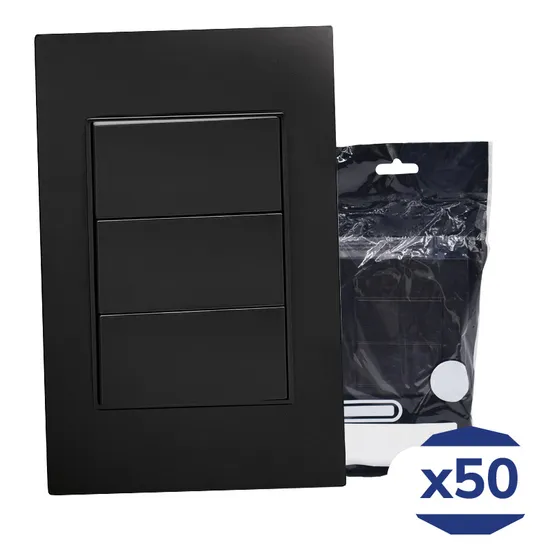 Placa Apagador De 3 Interruptor 3 Vias 90-277vca Negro Mate 77x124mm Premium Artlite Apl-303 Paquete 50 Piezas