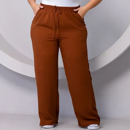Calça Pantalona Plus Size Wide Leg Cintura Alta Com Elastico