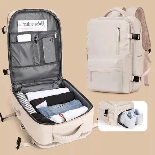 Mochila De Viaje De Gran Capacidad De 35l Con Puerto De Carg Color Beige
