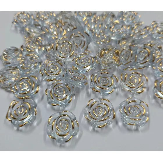 Miçanga Flor Rosa 18mm Transparente Borda Dourada-250g/235pç