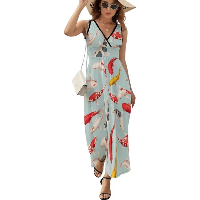 Hermoso Vestido Largo Pescado Para Mujer Manga Estampado